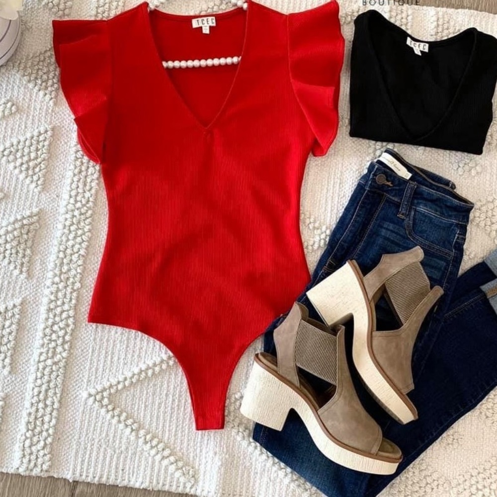 New Red Ruffle Sleeve Body Suit